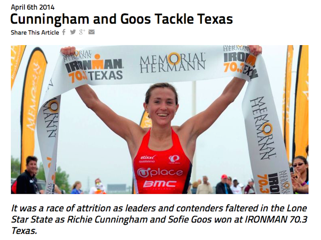Sofie made Ironman.com headlines with her IM 70.3 Texas win